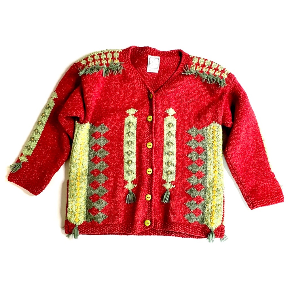 Del Mundo wool blend red handknit cardigan with green design and tassels/L